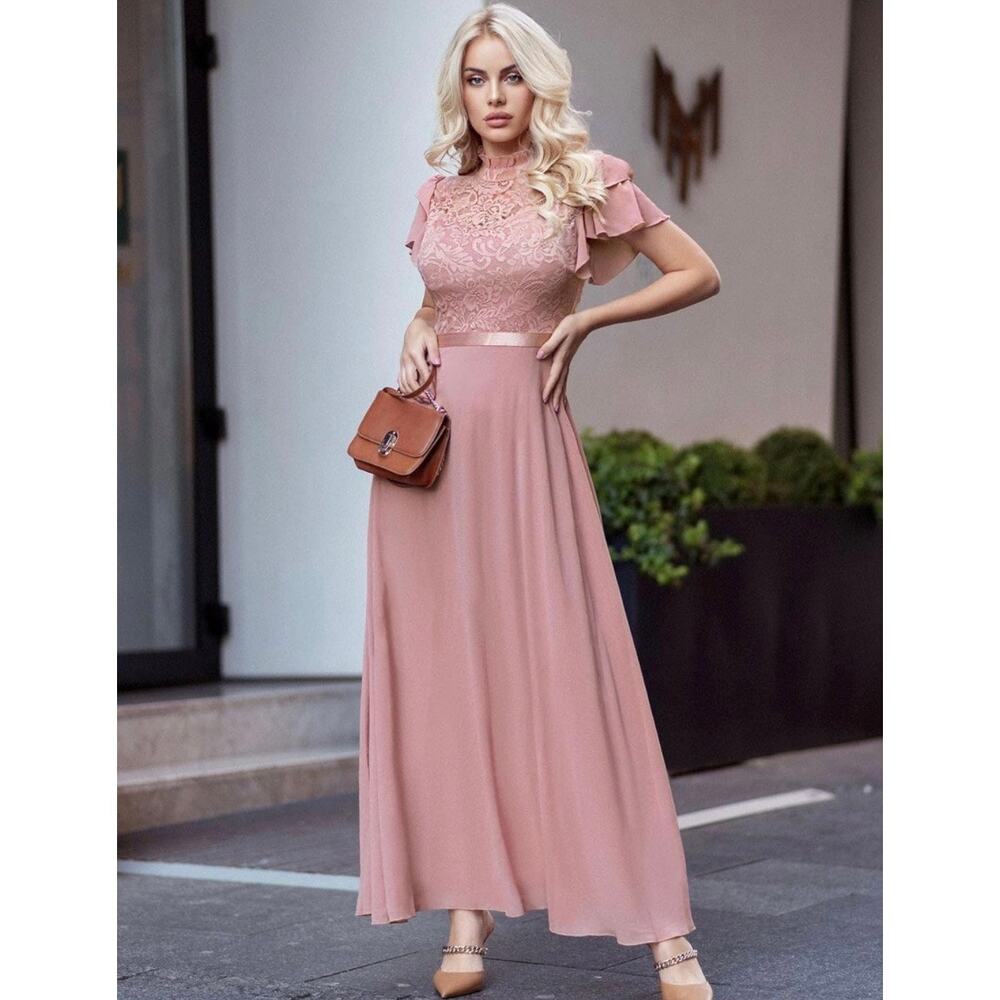 Dusty Pink Floral Lace High-Neck Chiffon Maxi Dress Wedding Guest Formal Small